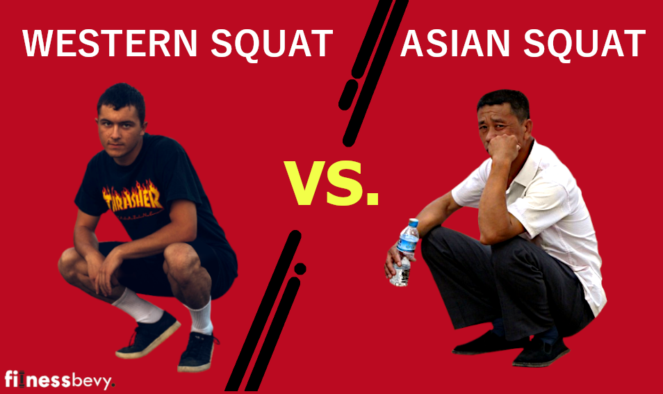 One man sitting in Asian squat position and other man sitting in western squat position. Image showing the comparison between western squat and Asian squat.